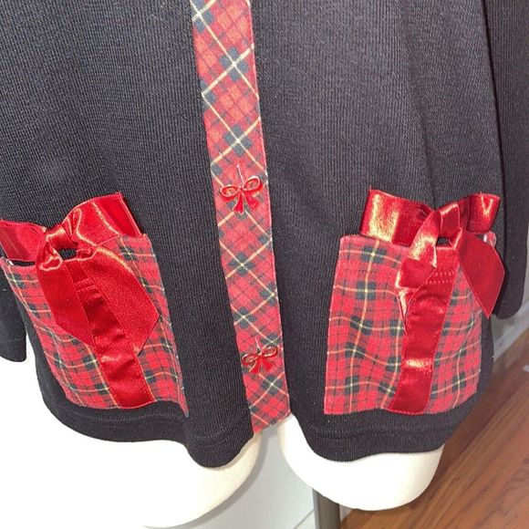 Vintage Holiday Cardigan Jacket size S Petite Plaid Trim Bow Buttons - Picture 3 of 8